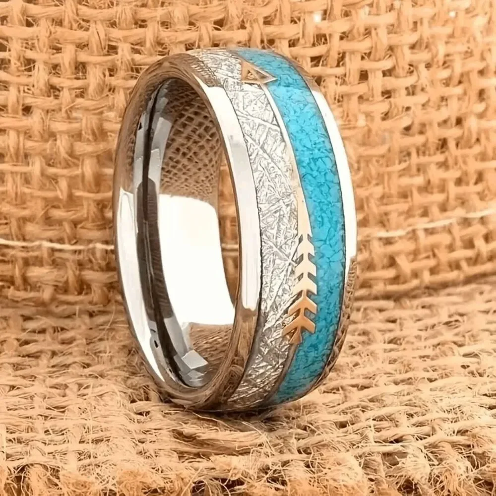 Western Arrow Turquoise Inlay Stainless Steel Wedding Mens Ring